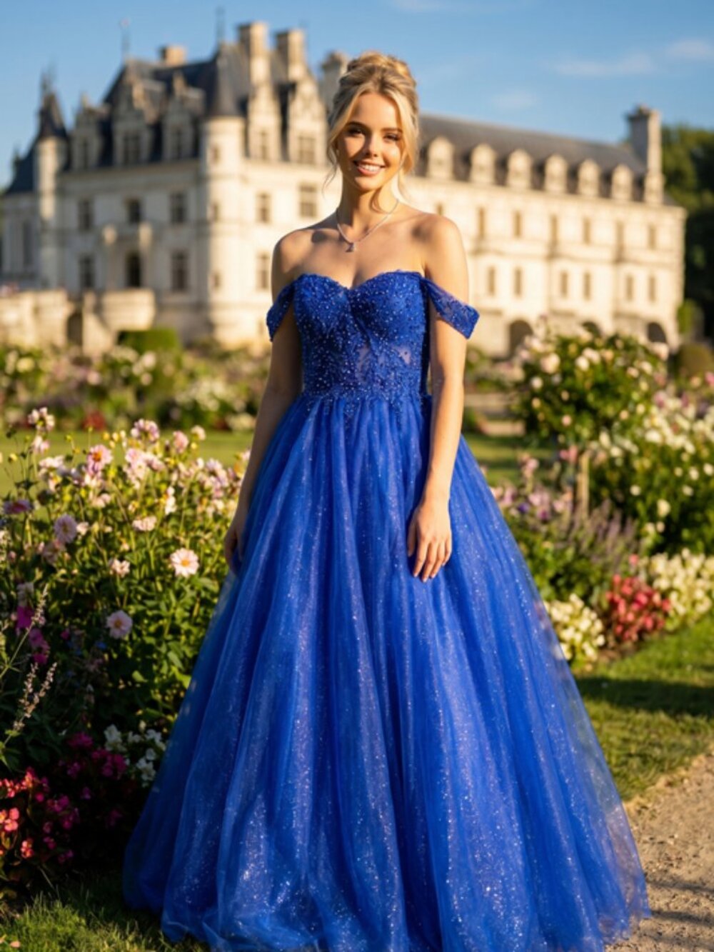 NEW ROYAL_BLUE Glitter Off Shoulder Evening Gown Floor Length SL507